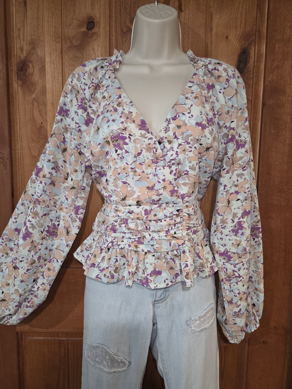 Floral Wrap Peplum Blouse — Cream, Peach & Lilac